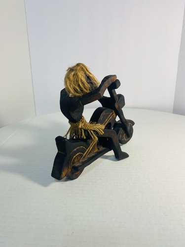 Rare Primitive Java Man on Motorcycle Wooden Carving and Jute Tribal Sculpture - Picture 3 of 18