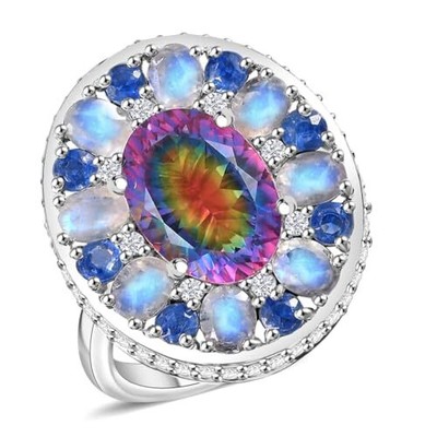 Quartz Multi Gemstone 925 Sterling Silver Rhodium Plated Ring for Women