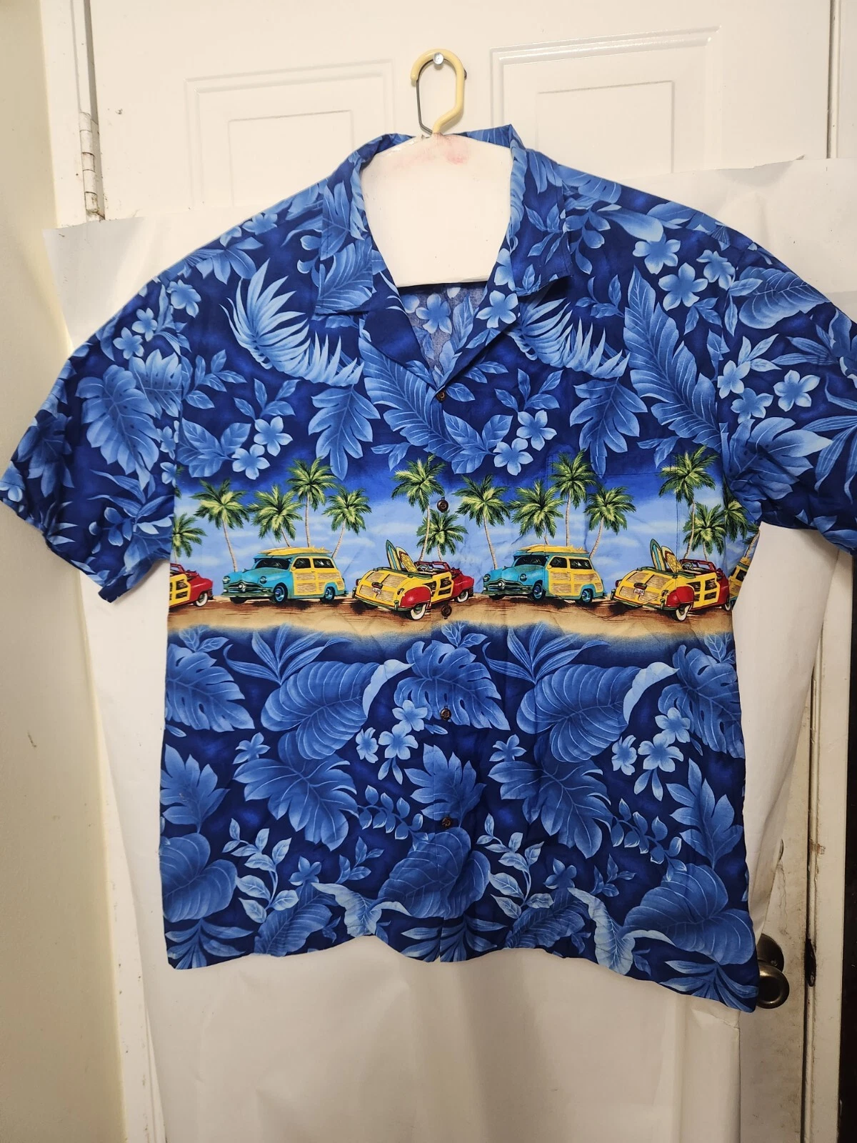 Aloha Republic Blue Hawaiian Shirt Size 4XL Classic Woodie Cars Surf Boards (A2)