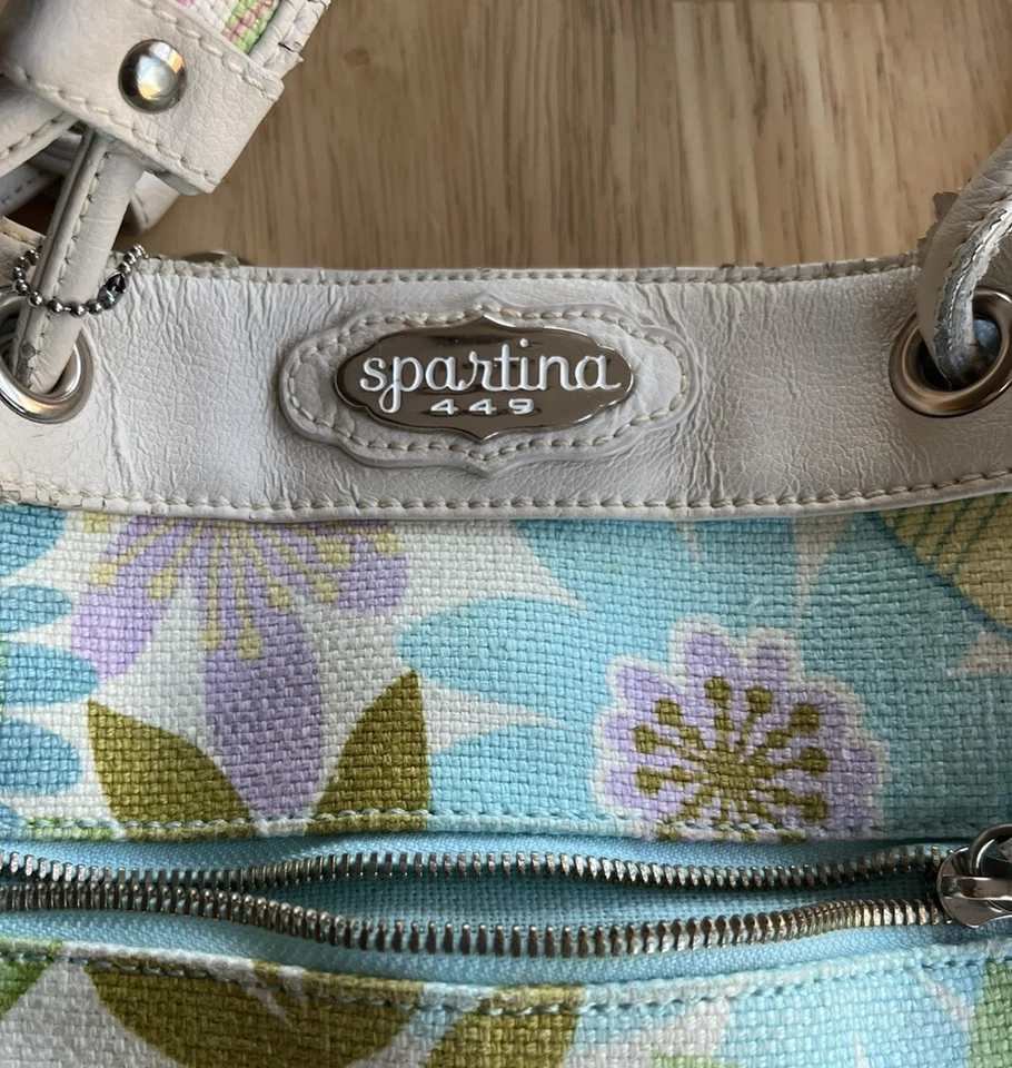 Bolso de Mano Spartina 449 Lino Cuero Correas Daufuskie Island Floral A Presión Usado en Excelente Condición Foto 2 de 4