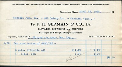 WORCESTER, MA ~ F. H. GERMAIN & Co., Elevator Repairs & Supplies ~ BILLHEAD 1925