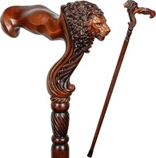 Handmade Cane Lions Handle Design Ergonomic Comfort Carved Wooden Walking