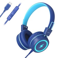 Bywulanda Kids Headphones with LED Lights, USB Type C Middle, Dark Blue