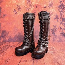 1/4 1/3 Brown Knee High Boots with Buckle Strap  Cross Chain Fit Uncle BJD Doll