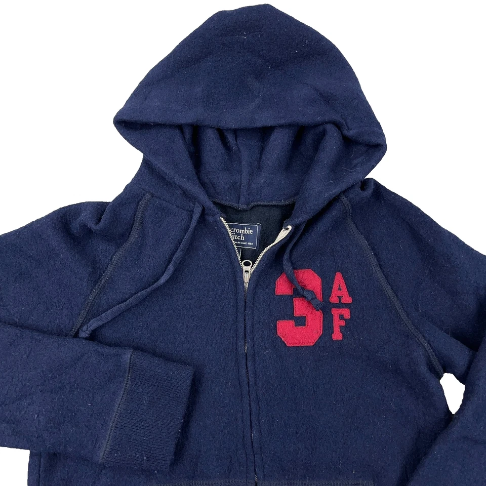 Jaqueta com capuz vintage Y2K Abercrombie & Fitch masculina pequena azul lã zíper completo azul marinho - Imagem 2 de 4