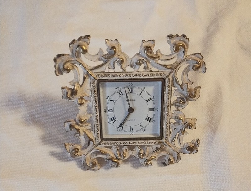 Vintage Metal Painted White Florn Wind-up Clock