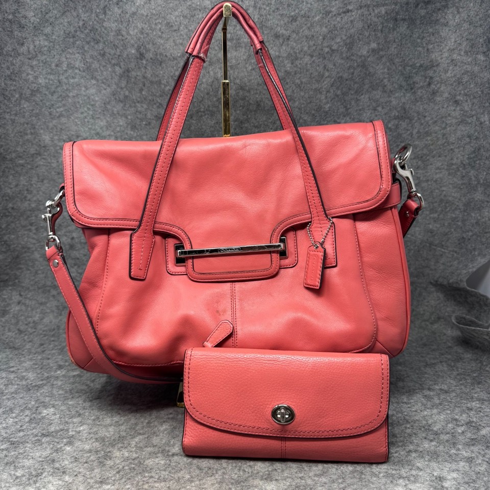 Coach Leather Taylor Marin Flap Satchel Shoulder Coral F26781 with Wallet