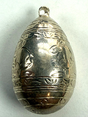 Vintage Silver Puffy Etched Bunny Rabbit Egg Pendant No Markings