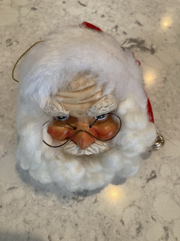 Vintage Santa Claus Head Ornament/Red Hat With Bell And Holly/Cotton Beard…