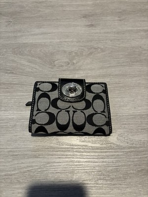 Coach Signature Jacquard Black/Grey Leather Trim Bifold Turnlock Wallet