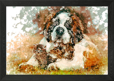 Gerahmtes Wandbild Poster Leinwanddruck Bild Katze und Hund Freundschaft