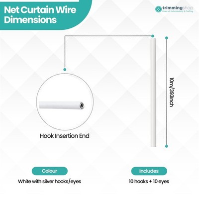 GARDINENNETZ DRAHT WEISS FENSTERVOILE KABEL KORDEL MIT HAKEN UND ÖSEN 2M-25M