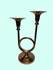 Vintage Brass Dual Candle Holder Loop  trumpet French Horn Double Candle Holder