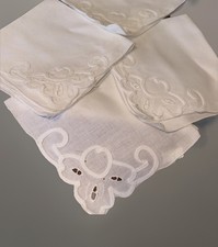 4 Matching Vintage Napkins / White Floral / Scroll / Square / Edges /11 Square