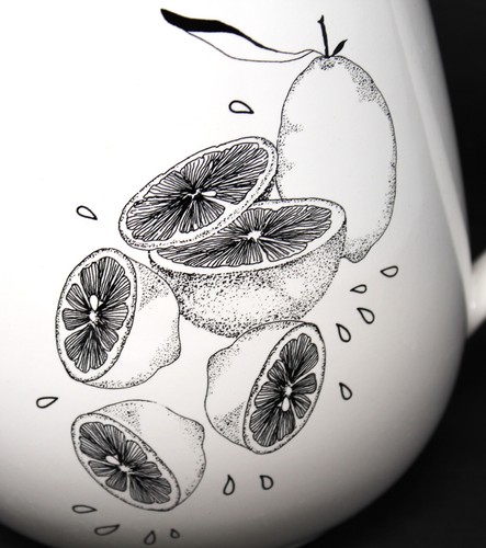 VTG 90s White Ceramic Pitcher Lemons Design Boston Warehouse New Basics Japan - Picture 2 of 9