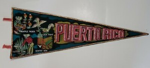 Vintage Puerto Rico travel pennant - Cock fight, Pineapple picker, Cutting Cane+