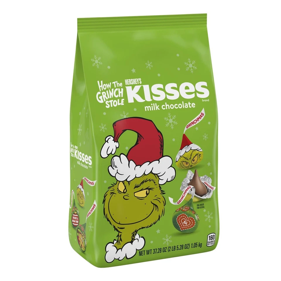 HERSHEY'S KISSES Grinch chocolate con leche, bolsa a granel de dulces de Navidad, 37,28 oz Foto 2 de 4
