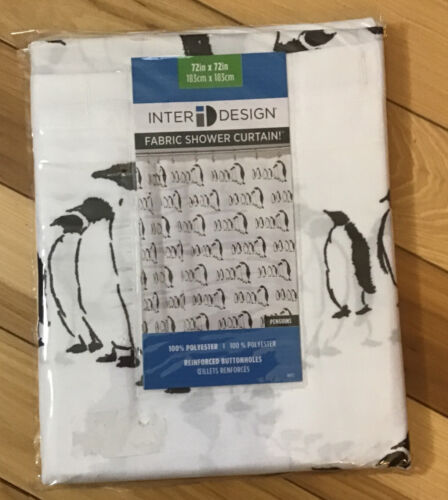 InterDesign PENGUINS Fabric Shower Curtain Long, 72"x72", Black/White NEW Modern - Picture 1 of 10