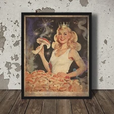 Vintage SHROOM QUEEN Wall Art, Magic Mushroom Princess Poster, Psilocybin Decor