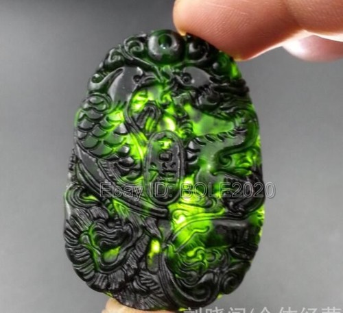Natural Black Green Jade Carved Chinese Dragon Phoenix Pendant Necklace Jewelry - Picture 3 of 6