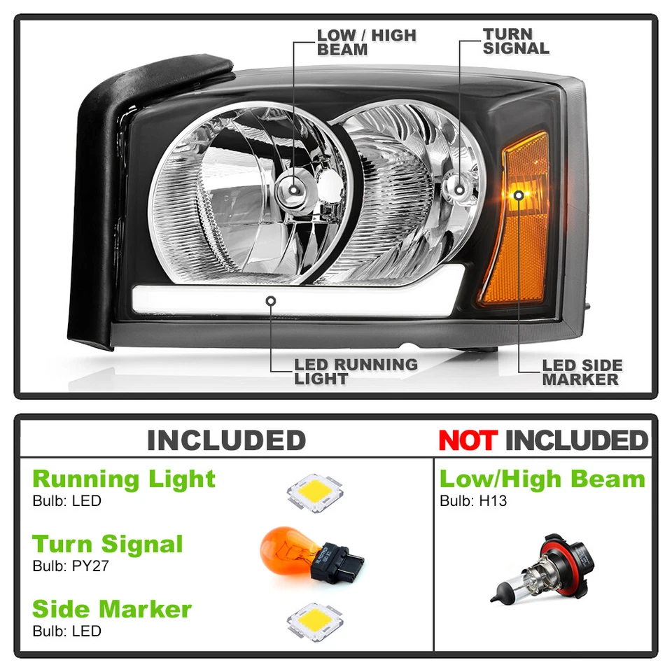 Par de faros delanteros izquierda+derecha para Dodge Dakota 2005-2007 de actualización de tubo LED Foto 4 de 4
