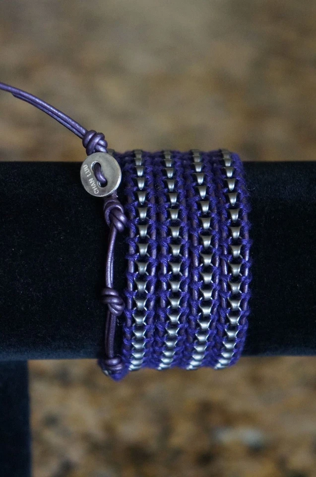 NUEVO Diseñador Chan Luu Hombres Mujeres Gunmetal Cadena 5 Envolturas Pulsera Cuero Púrpura Foto 2 de 3
