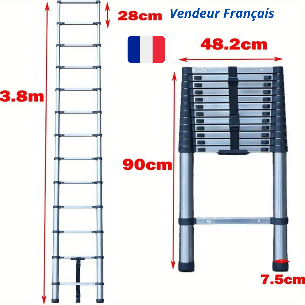 Échelle télescopique aluminium 3.8M pliable escamotable et légère