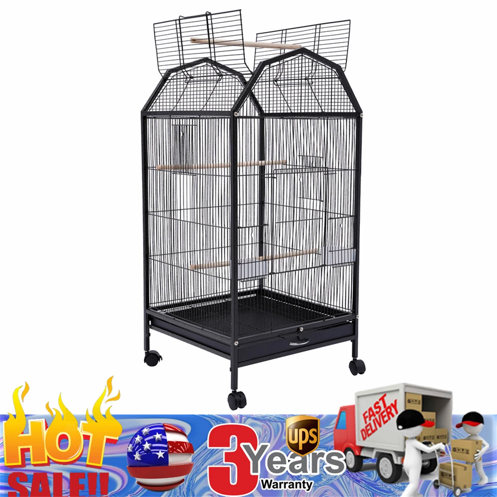 Black Large Bird Cage wit Rolling Stand,Cockatiel Parakeet Finch Parrot Birdcage