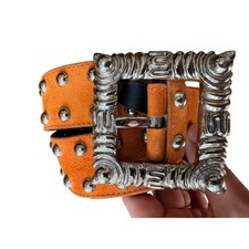 1980s Vintage Escada Studded Suede Leather Belt Sienna Orange Statement Buckle