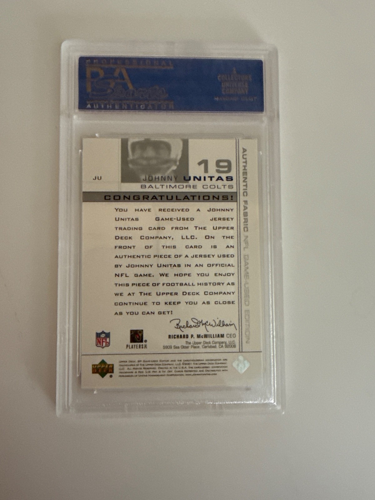 Johnny Unitas PSA 8 NM-MT 2001 Upper Deck SP GAME USED Baltimore Colts Legend view 2