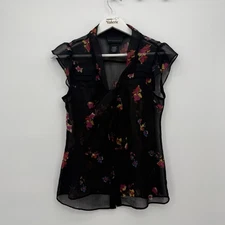 Attention Black Multi Floral Sheer Button Blouse Top Bow Tie Size XS