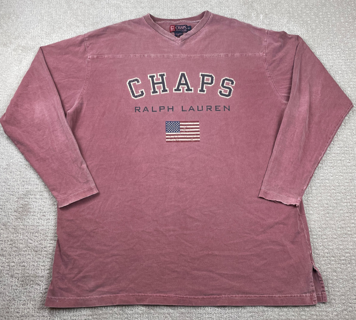 Vintage 90s Chaps Ralph Lauren Shirt Mens 2XL Red Long Sleeve Spellout Flag USA