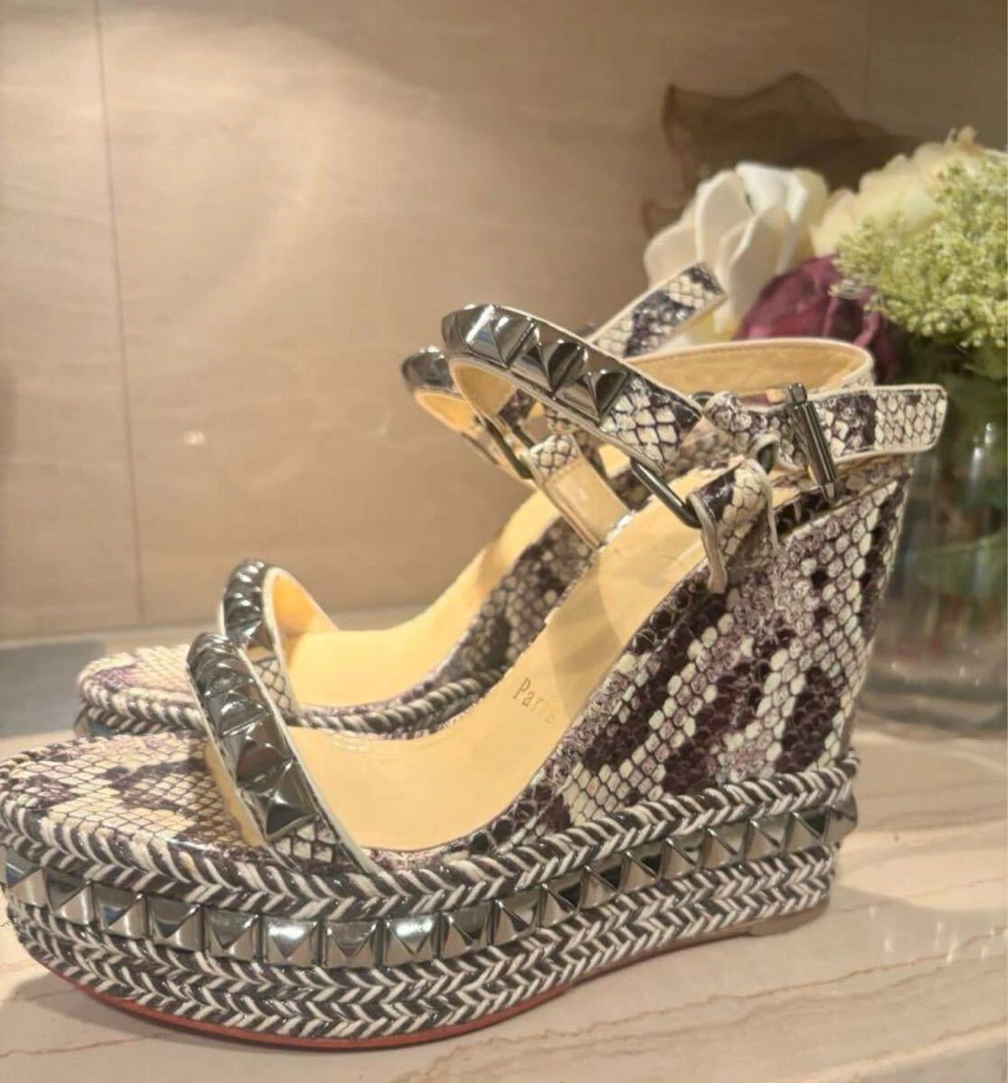 Christian Louboutin — Christian Louboutin Pyraclou Python Leather Studded Wedge Platform Sandals EU:36