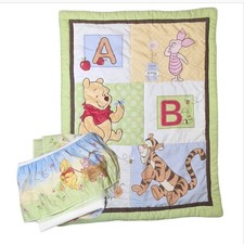 Vtg Classic Winnie the Pooh Crib Quilt Blanket Dust Ruffle Set Alphabet 90s Y2K