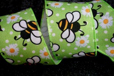 Drahtband 2,5'' Bienen und Blumen Drahtkante Kranz Schleife Sommer Grün Polka