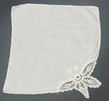 Vintage Cotton Square White Hankie Crocheted Butterfly on one Corner 10.5"