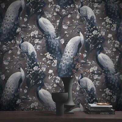 Exotic Peacock Birds Wallpaper 10414-15 Charcoal Floral Trees Vinyl Erismann