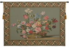 Flower Basket Green II Tapestry | Belgian Jacquard Woven Wall Art Decor