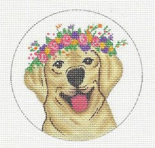 "Golden Lab with Wreath" Dog handpainted Needlepoint Canvas Ornament from Danji