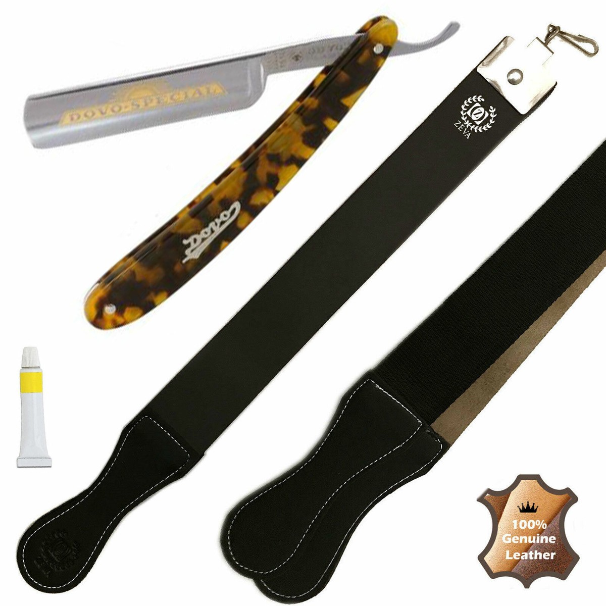 DOVO SOLINGEN TORTOISE STRAIGHT SHAVING RAZOR LEATHER SHARPENING