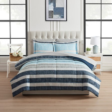 7 Piece Blue Stripe Comforter Set Reversible Polyester Bedding Machine Washable