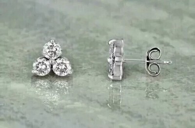 2Ct Round Cut Moissanite Diamond Three Stone Stud Earrings 14K White Gold Plated