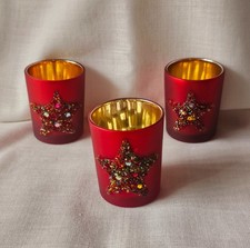 Set of 3 Embellished Star Red glass candle votive holder / holiday decor