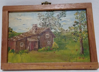 Old Painting Oil On Board Landscape Trees, Cabin Painting Signed Dorothy Nielsen