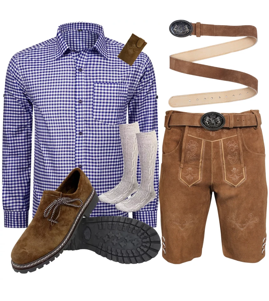 Kurz Herren Trachtenset Trachten Lederhose Trachten Set 6tlg Hose Hemd GBKHBH01 - Bild 1 von 4