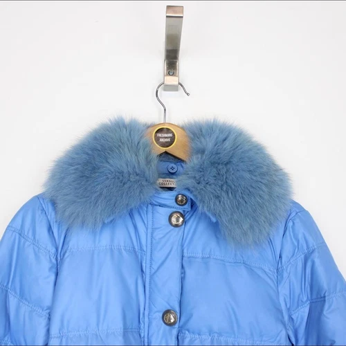 Versace Collection 2013 piumino blu chiaro con cintura e collo pelliccia visone