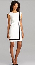 NWT-Calvin Klein Womens cream & Black Sheath Dress With Belt 12 knee length