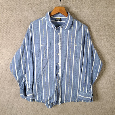 #ad Vintage Magna Force Mens 2XL Blue White Striped Long Sleeve Button Down USA $9.50