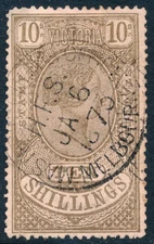 1871 Victoria, Australia used fiscal, revenue stamp 10/, BF3B, olive on pink
