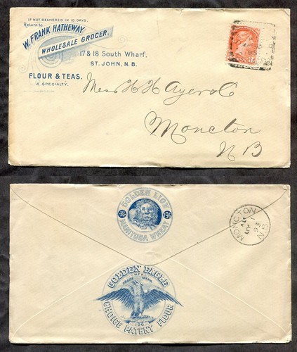 Cubierta publicitaria circular cuadrada ST JOHN NB 1895 tienda de comestibles ilustrada